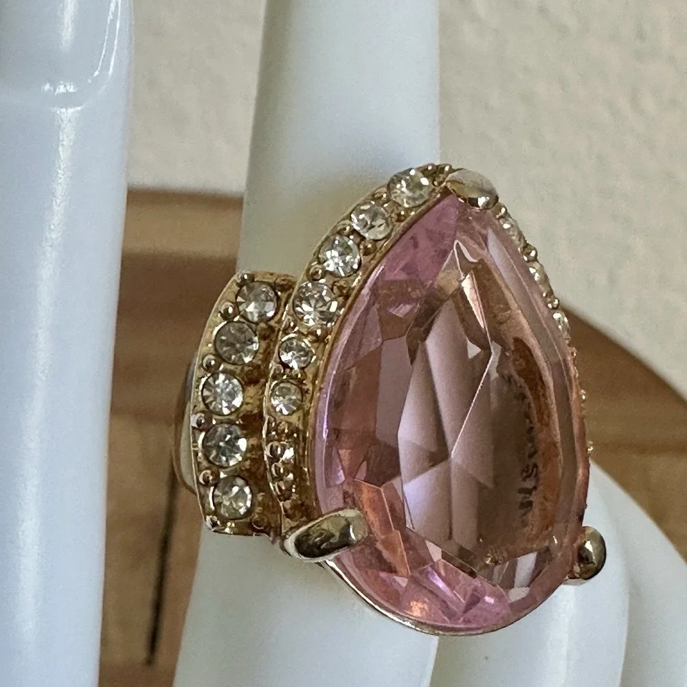 Vintage Arnold Scaasi Cocktail Ring Size 6 Pink Clear Crystals Gold Plate Signed